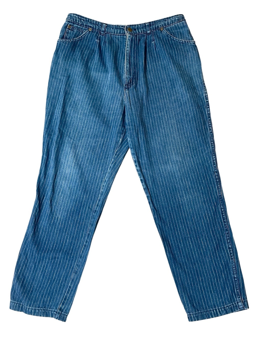 Vintage 80s Chic Mom Jeans 20 (34) Pinstripe Pleated High Waist Bareback Denim
